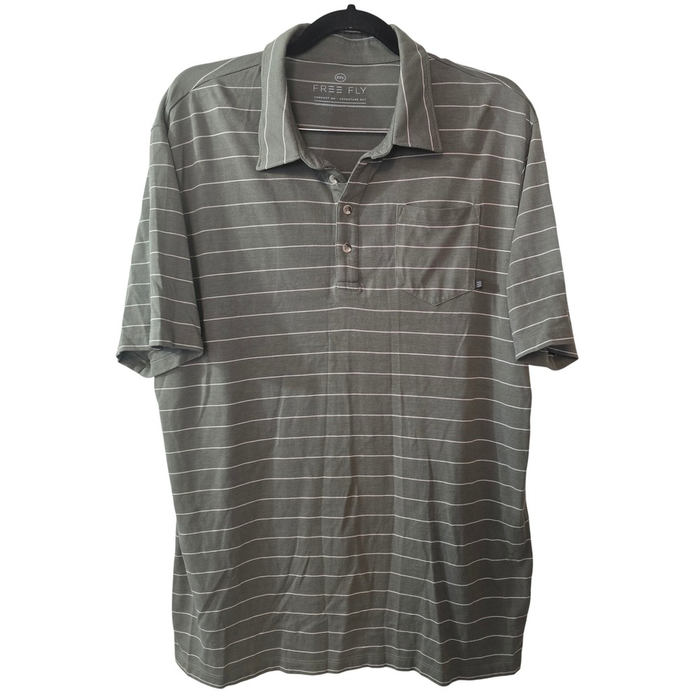 Free Fly Mens Bamboo Polo Shirt XXL Sage Green Striped Performance Short Sleeve